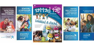 Materials for the Upstate Golisano Children's Hospital range from brochures about pediatric services and locations to fun activity booklets for hospitalized patients.